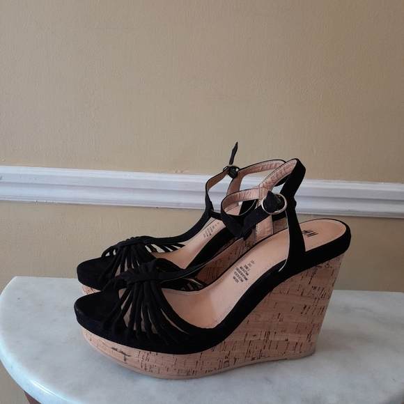 H&M Black  Open Toe Wedge Cork Heel Strappy Sandals Size 9.5 - Picture 1 of 8